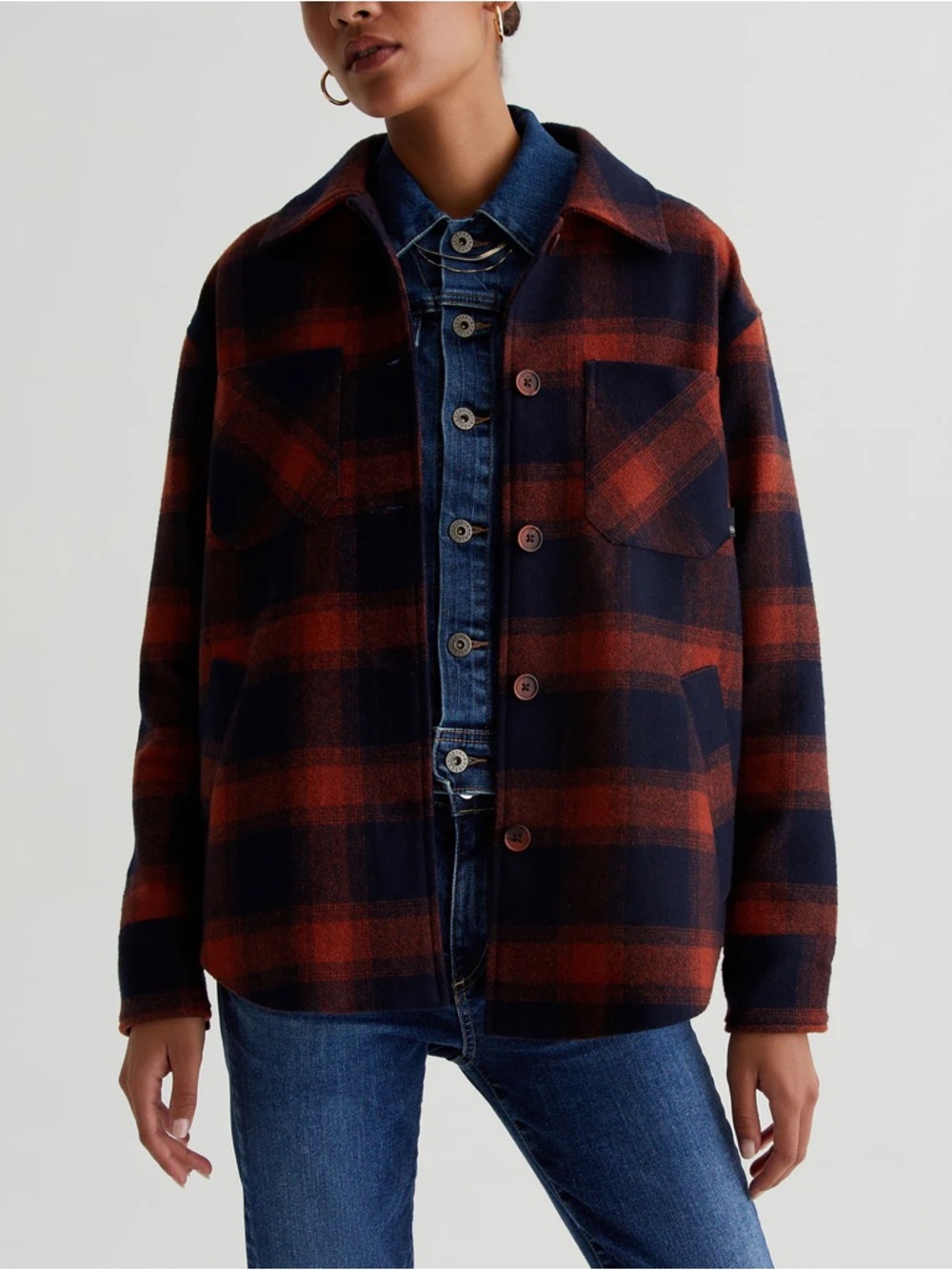 AG Jeans Kryee Overshirt in Plaid Orange and Navy